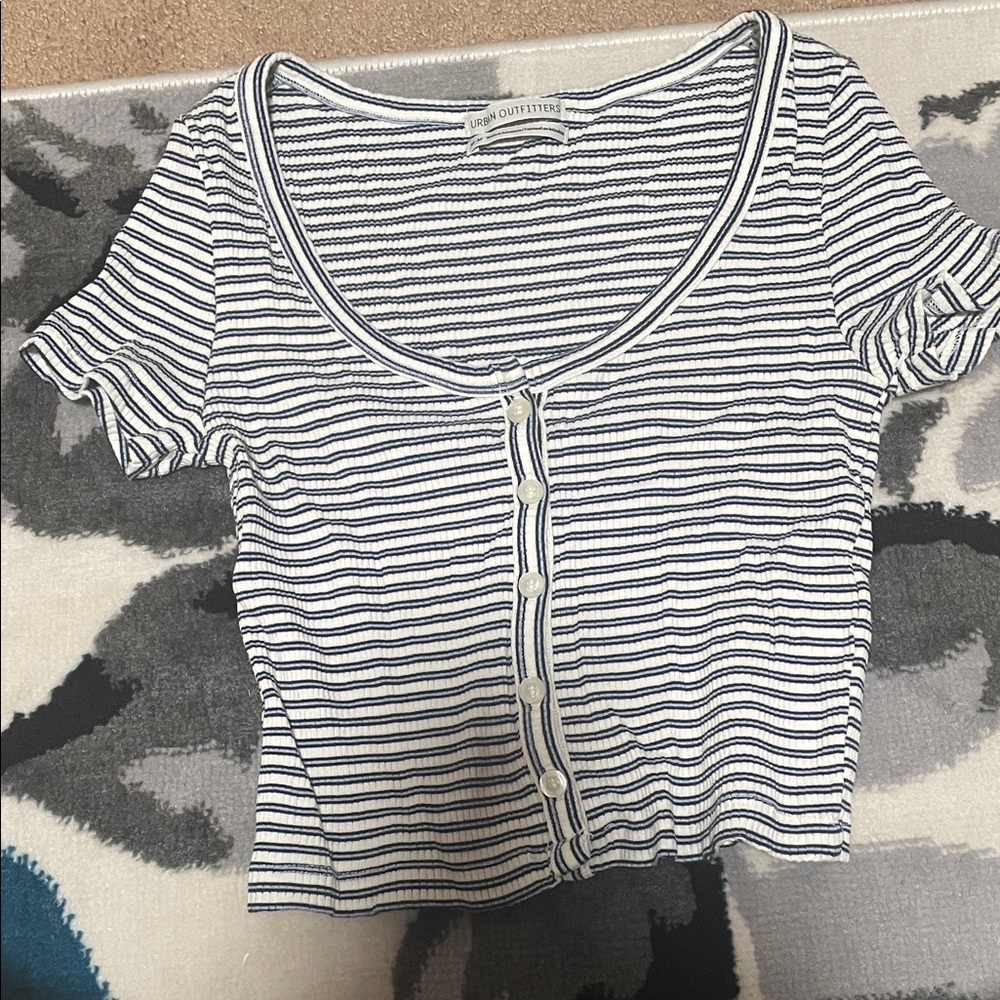 Urban Outfitters White and Navy Striped Button Crop Top